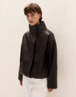 Leather Funnel Neck Bomber Jacket