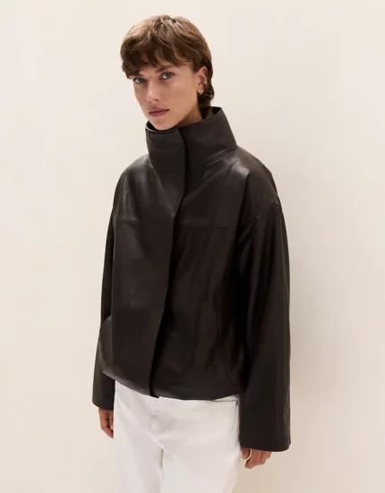 Leather Funnel Neck Bomber Jacket